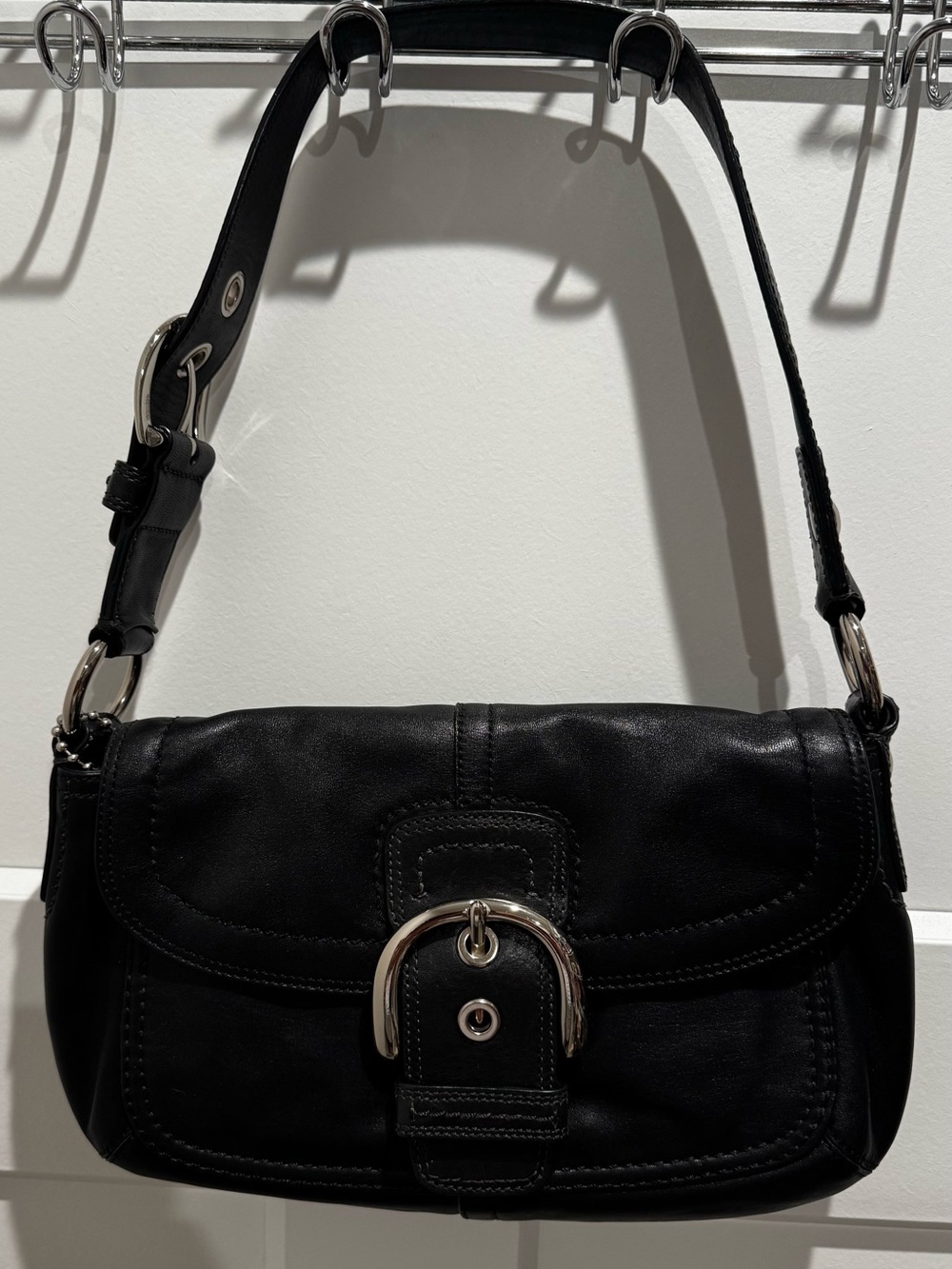 Vintage Coach Soho Black Leather Shoulder Bag with Silver Hardware